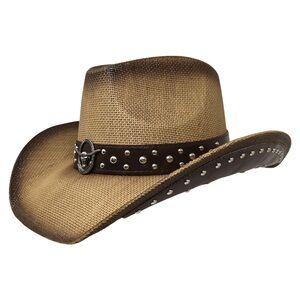Metal Steer Head Emblem Studded Leather Band Western Straw Cowboy Fedora Hat